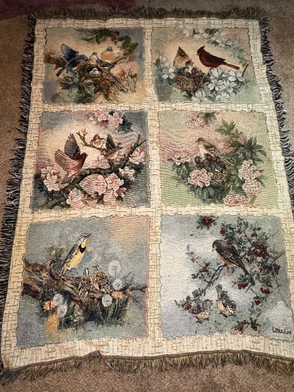 Lena Liu Songs Of Spring Tapestry Throw 68”x 52” Fringed Cardinal birds VTG